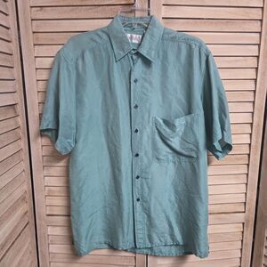 Vintage Bogari Sea Green 100% Silk Short Sleeve Button Up Camp Shirt Size Small